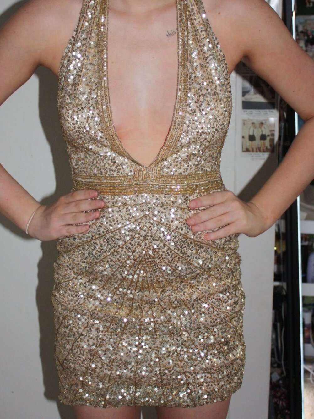 Mia Bella Couture - Gold Sequin Backless Halter Mini Dress - Sz Med